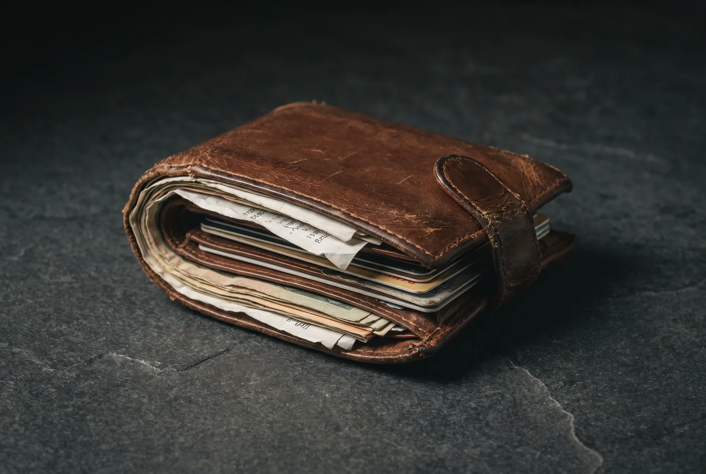 An old overstuffed bifold wallet bursting with receipts and cards